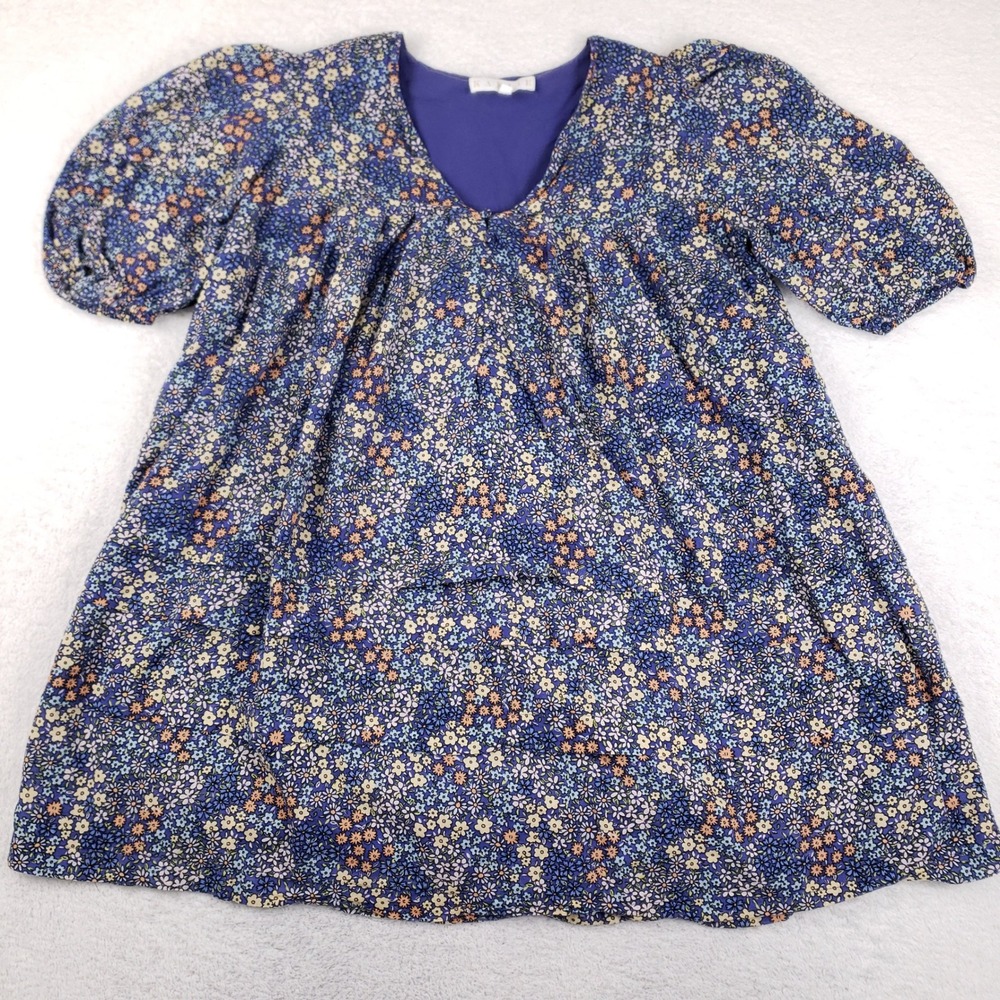 Karlie Blue Floral Ditsy Cotton Babydoll Mini Dress Puff Sleeve V-Neck L Cottage